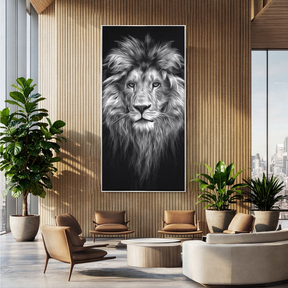 Tablou canvas cu tablou canvas cu leu alb negru, in rama de aluminiu argintiu, pe perete intr-un birou